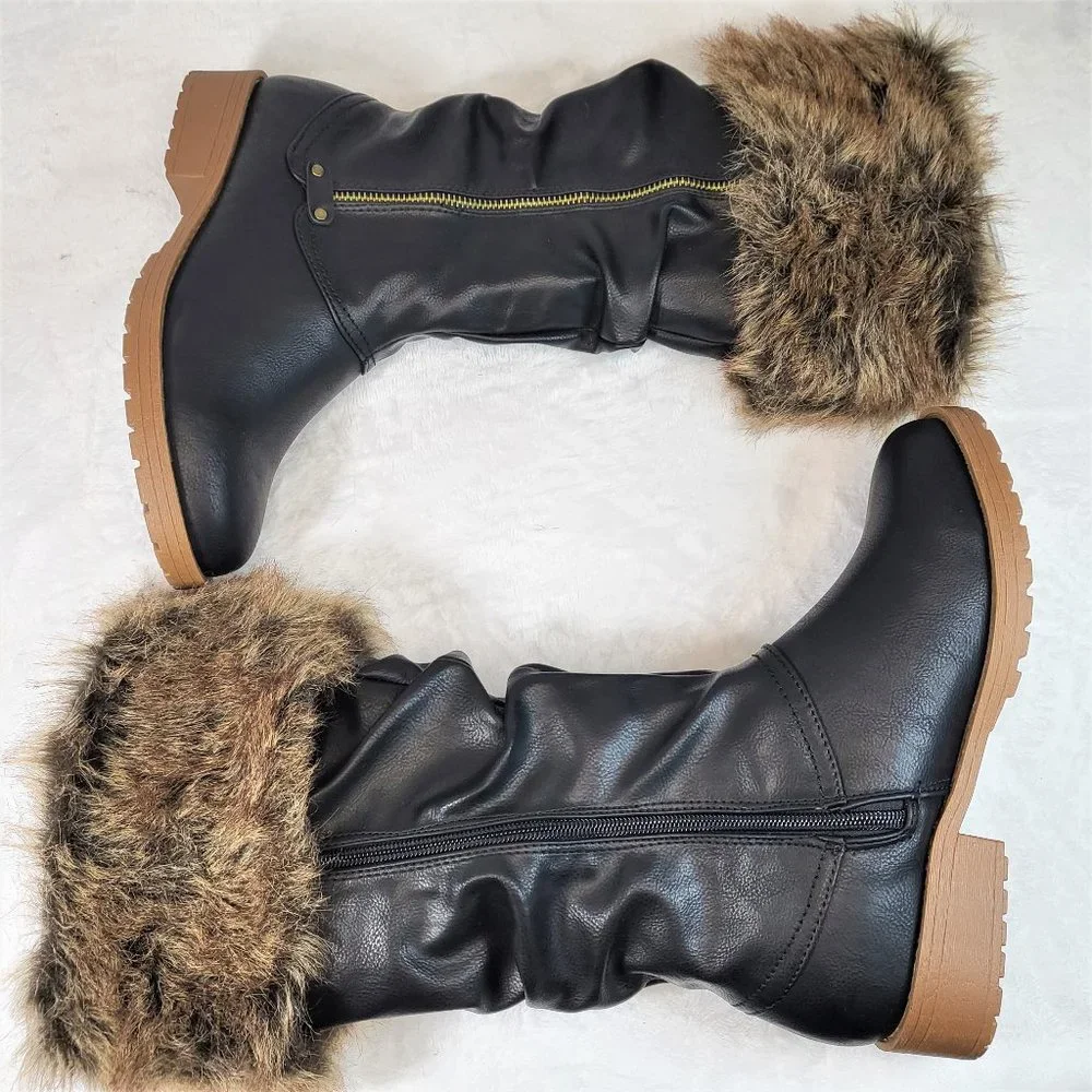 * Furry Black Matte Faux Fur Fold Over Cuff Winter Mid Calf Boots
